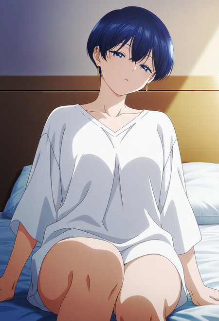 masterpiece, best quality,  absurdres, highres, 1girl,  <lora:anime_screencap:1>, anime screencap, anime coloring,  <lora:fuji:1>, fujiwz, very short hair, blue hair, hair between eyes,  blue eyes, mole, mole under eye, earrings, white shirt, collarbone, oversized shirt, no pants, sitting, bed, indoors, room, looking at viewer, sleeping, half-closed eyes, looking at viewer