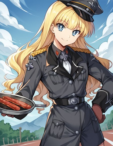 score_9, score_8_up, score_7_up, source_anime, <lora:retia-adolf-ponyxl-lora-nochekaiser:1>, retia adolf, blue eyes, blonde hair, wavy hair, bangs,, gloves, hat, military uniform, peaked cap, zettai ryouiki,, backyard, barbecue, grilling, laughter, summer evening, smile, looking at viewer, smile, solo,, cowboy shot, dutch angle
