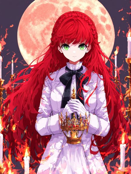 <lora:Osu250130:1>,Osu,1girl,solo,holding,white gloves,braid,candle,looking at viewer,gloves,moon,fire,shirt,cowboy shot,jacket,own hands together,white shirt,bow,closed mouth,crown braid,dress,long hair,white jacket,green eyes,ribbon,knife,grey background,red hair,candlestand,black bow,
