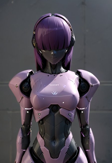 A 35mm photo of a beautiful robotic woman, she has a faceless robotic head, robot, lviolet hair, metallic lavender mesh bodysuit, robotic joints
Robot girl, Mecha, Android, mechanical limbs, robot joints, metal skin, no mouth, armor, no face, noface, cyborg