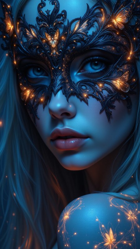 A high-quality digital artwork in the style of pinkdarkcanvas,
Close-up of a woman's face, focusing on her right side, wearing an ornate, intricate masquerade mask that covers her eyes and upper nose. The mask is detailed with lace-like patterns, embedded with small glowing lights and tiny luminescent butterflies, primarily in blue and orange hues. The mask has an elaborate design that merges seamlessly with her skin, which is illuminated with bioluminescent patterns glowing in shades of blue and orange, covering her neck, shoulders, and chest. Her lips are slightly parted, showing a natural yet