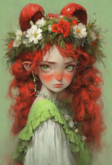 masterpiece,   best quality,
red pigtails, a wreath of flowers on her head,freckles, a green dress