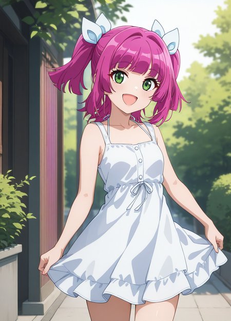 1girl,  urin, long hair, short twintails, pink hair, green eyes, hair ribbon, 
outdoor, white dress, smile, open mouth, 
standing, cowboy shot, looking at view, 
masterpiece, best quality, newest, absurdres, highres, safe, <lora:urin_IL:1>