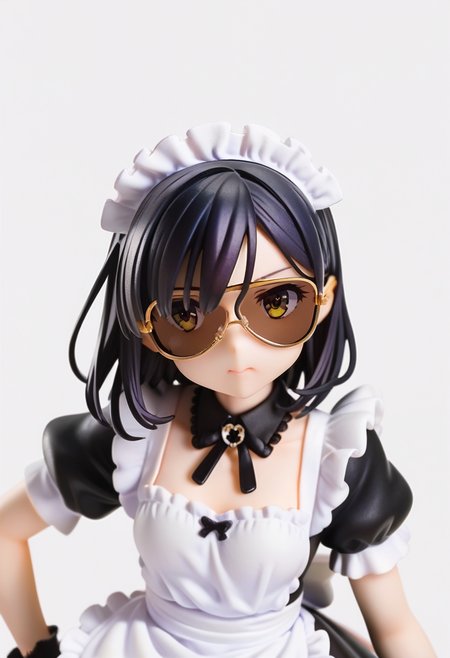 score_9, score_8_up, score_7_up, rating_safe, masterpiece, best quality, absurdres, unity 8k wallpaper, official art, official style, source_anime, uncensored, game cg, megami magazine,
1girl, solo, black hair, medium hair, upper body, maid, maid headdress, black dress, maid apron,
sg-AVIATOR, sunglasses, dark-tinted eyewear, covered eyes, white background, simple background, yellow-framed eyewear
 <lora:glasses_aviator_PONY_V2:1>