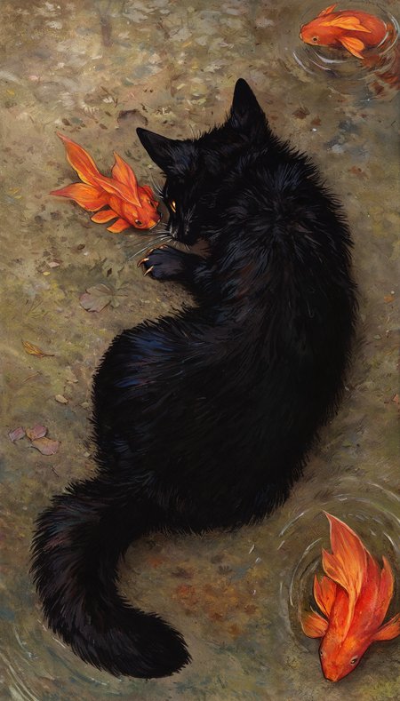 best quality, masterpiece, newest, absurd res, hi res, very awa, black cat, blotch, (dark natasha:0.7), feral, kitten, young, cute, no sclera, realistic fur, scruffy, solo, lying on ground, reaching out, koi pond, water, simple background, high-angle view, bird's-eye view, animal focus, traditional media \(artwork\), (lineart:0.2), 