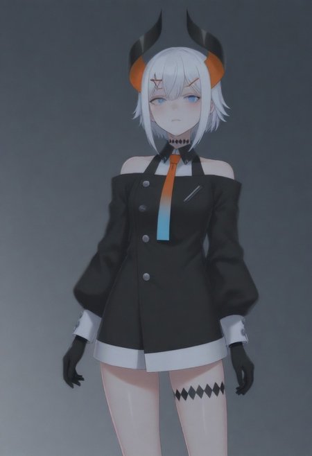 masterpiece, best quality, amazing quality,,, shiny skin,,,,,,,,nijilevi,,blue eyes,white hair,horn,pail skin,short hair,hairclip,nijilevicos,collared shirt,bare shoulder,gradient necktie,puffy long sleeves,white cuffs,black gloves,single thigh strap,