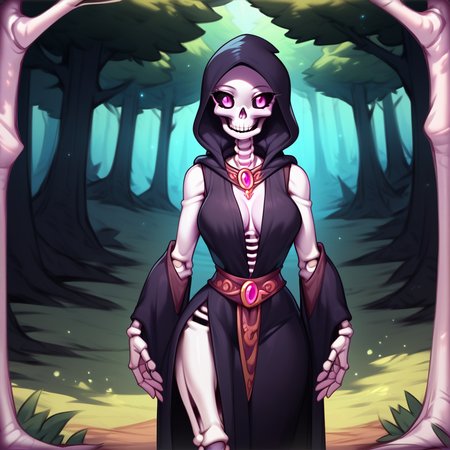Skylar(character), skeleton, female, breasts, pink eyes, black sclera, monster girl, joints, hood, sleeveless, sexy black Wizard robe, solo, outside, in the forest,