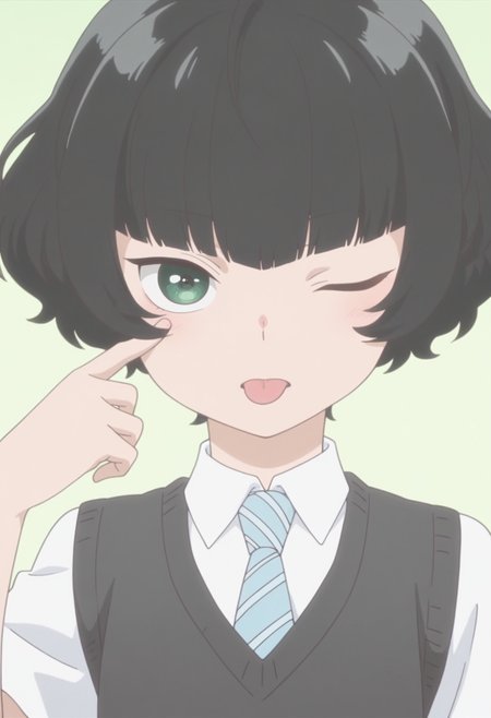 anime screencap, anime coloring,   <lora:DX888Hitoha:1> hongou hitoha, green eyes, black hair,short hair, blunt bangs, BREAK school uniform, white shirt, striped necktie, sweater vest, skirt, socks,  BREAK simple background,  green background, BREAK  1girl, akanbe, eyelid pull,  hand up, looking at viewer, one eye closed, portrait,  solo, tongue out, upper body,