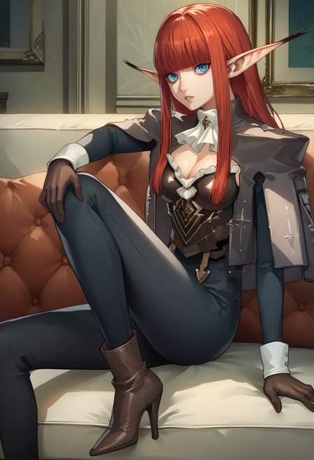score_9, score_8_up, score_7_up, source_anime, 1girl, solo, from side, reclining, knee up, hand on knee, looking at you, parted lips, legs, BREAK <lora:HulkenbergMR-pdxl:1>  hbrgMR, long hair, sidelocks, blunt bangs, pointy ears, capelet, black jacket, ascot, breastplate, medium breasts, cleavage, long sleeves, gloves, black pants, brown high heel boots, indoors, couch