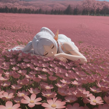 masterpiece, best quality, amazing quality, very aesthetic, high resolution, ultra-detailed, absurdres, newest, scenery, 3D, rendered, Frieren sleeping in flower field, BREAK, depth of field, volumetric lighting