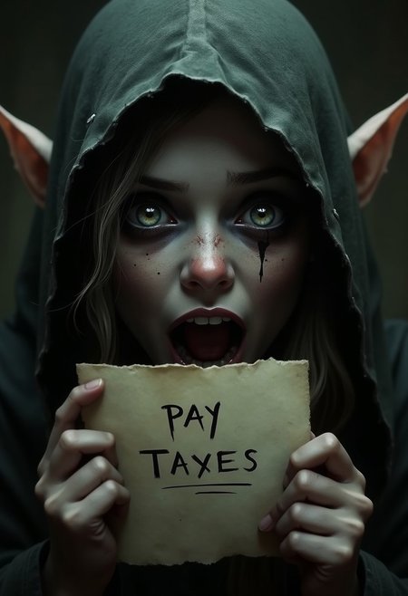 ( Horror-themed ) (elf,-girl shocked hide open mouth) , wide open eyes, macro photography, high detail,  ((Hold bill-paper with text say:  "pay taxes":1.1)), dark, spooky, suspenseful, highly detailed  score_9, score_8_up, hight quality, good quality, rendered details. Hight resolution, good quality face.