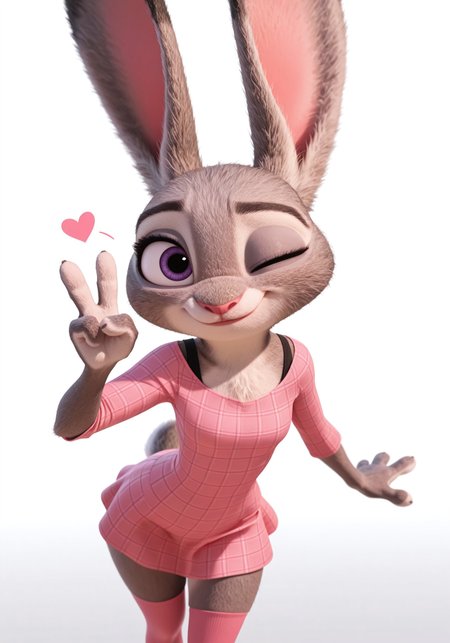 masterpiece, score_9, score_8_up, score_7_up, high resolution, sharp focus, beautiful, perfect lighting, (white background), solo, 1girl, judy hopps  \(zootopia\), anthro, furry, sexy, petite, small breast, focus on furry,  cute girl, beautiful, peace sign, smile, wink, pink blouse, plain pink dress, pink thigh-high socks, 3 fingers 1 thumb