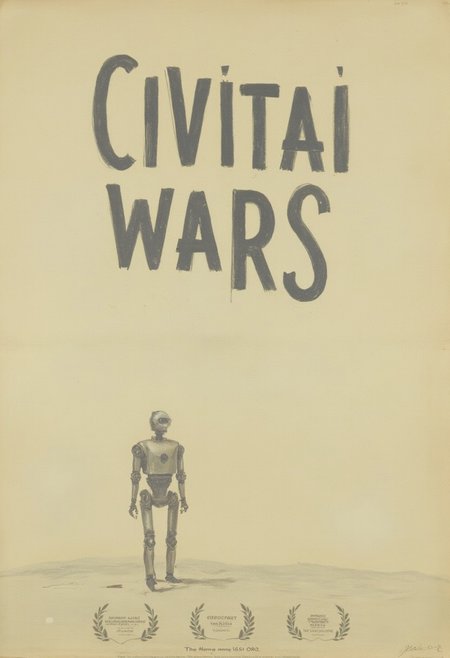 written angularly title "CIVITAI WARS",
realistic japanese painting by konoshimaO, oil painting by Kramskoy,
artistic movie poster, three small laurel icons placed on bottom place, features a lonely robot, authenticity, dynamic compositon