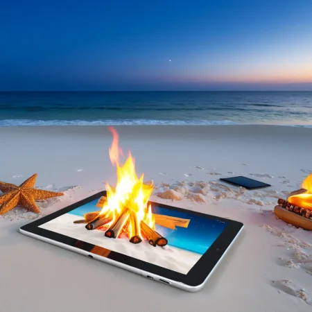 (tablet showcase) <lora:03_tablet_showcase:1.1>
White background,
high quality, professional, highres, amazing, dramatic,
(Nighttime bonfire and beach party:0.5),