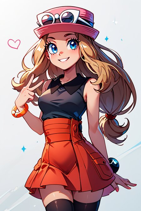 score_9, score_8_up, score_8, medium breasts, (curvy), cute, eyelashes,       BREAK, , BREAK, zzSerena, solo, long hair, blue eyes, eyewear on headwear, pink headwear, eyelashes, sleeveless shirt, black shirt, bracelet, high-waist skirt, red skirt, black thighhighs,<lora:SerenaPokemon_PDXL_r1:0.8>, <lora:GoldenCAT_Lora_PDXL_v2:0.7>, (v),, BREAK,  smile, looking at viewer, cowboy shot,  embedding:zPDXL, Expressiveh, <lora:SDXLFaeTastic2400:0.5>,  <lora:Expressive_H-000001:0.4>,