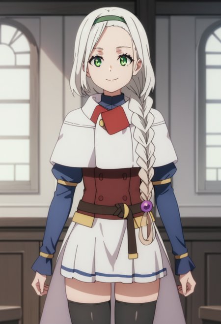 score_9, score_8_up, score_7_up, anime screencap, source_anime, indoors, YuriUl1en, detailed, best quality, masterpiece, 1girl, solo, green eyes, white hair, long hair, single braid, hair over shoulder, hair ornament, green hairband, white capelet, blue shirt, brown vest, long sleeves, brown belt, white skirt, black thighhighs, thighs, small breasts, <lora:Yuri Ullen - Kumo Desu-000010:0.8>, standing, smile