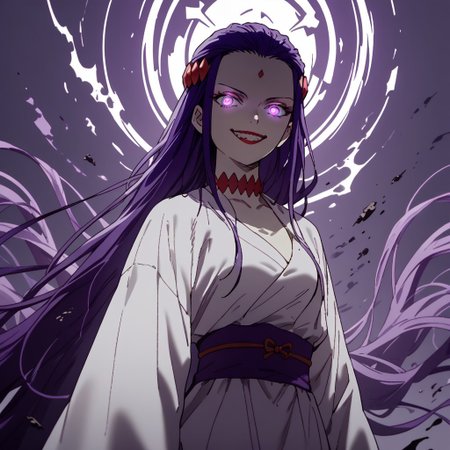 zPDXL3, score_9_up, score_8_up, score_7_up, (Anime_source), 1girl, standing, looking at viewer, smiling, QueenGizelotte, purple eyes, purple hair, very long hair, Kimono, white Kimono, flowery dress, glowing eyes, sinozick style, flat color, dark theme,