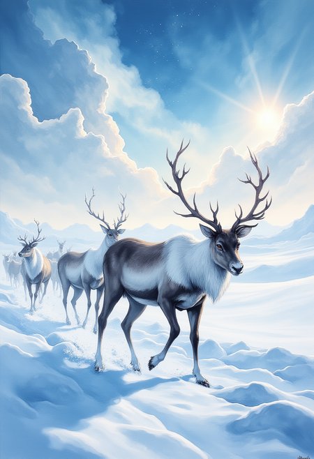 Amidst the enchanting, frosty expanse of Siberia's arctic tundra, a tranquil winter wonderland unfolds. The crisp, bracing air gently caresses the face as a vivid, captivating sky painted in cerulean blues contrasts sharply against the ethereal blanket of untouched, pristine snow. At the heart of this serene panorama, a proud herd of indigenous reindeer glide elegantly across the snow-draped terrain, their velvety fur seamlessly merging with the wintery landscape. Each majestic creature carries an air of serene vitality, their mesmerizing eyes shimmering brilliantly under the radiant, warming sunlight. Towering antlers sway in graceful unison with their gait, creating delicate footprints that scar the untouched canvas below. This masterfully crafted scene whispers the essence of legendary landscape painters like Ivan Shishkin, delivering a vivid sense of artistic perfection within its icy embrace. ,<lora:flux/ZenInkWashSumi-eFlux.safetensors:1.0:1.0>