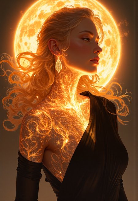　 Bathed in a warm, radiant light, a woman stands with a majestic and transcendent presence. Her body seems infused with sunlight, emanating a subtle yet vivid glow.  A transparent solar corona surrounds her, like an ethereal aura, enhancing the dynamic interplay of light and shadow across her form.  The wind whispers around her, causing her translucent black garments to flow gracefully. The high level of detail captures the artistic fluidity of her pose and the sun-kissed hues of her skin. The overall effect is surreal and captivating, evoking a sense of otherworldly beauty.