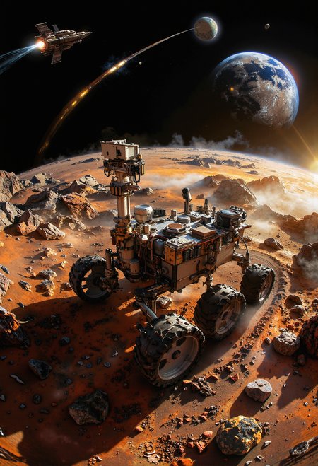 A highly detailed Mars rover stands on the dusty, rust-colored terrain of the Red Planet, its six rugged wheels leaving faint tracks in the fine sand. The scene is captured through a fisheye lens, distorting the landscape into a curved, almost surreal panorama. The setting sun casts a golden glow over the vast, barren expanse, its light bending around the jagged hills and rocky formations. The rover's robotic arm is extended slightly, its instruments glinting in the sunlight, while its camera mast, equipped with multiple sensors, appears slightly bowed as it scans the alien horizon. In the background, Earth and its moon hover in the dark expanse of space, subtly warped by the lens, a distant yet familiar reminder of home. Above, a sleek, futuristic spacecraft streaks across the sky, its trajectory appearing exaggerated, adding to the sense of motion and depth in this otherworldly  <lora:Magic_of_Art_\(FLUX\).safetensors:0.5>,  <lora:black_fantasy.safetensors:0.75>,  <lora:aiai-Glimra-Flux-Dev-v2.safetensors:0.5>,  <lora:Exogenous.safetensors:0.7>,