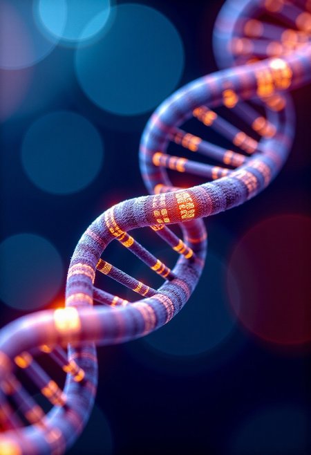 Map of DNA genome. Fractals and bokeh swirl in brilliant shades of blue, purple and red. burned colors glowing with orange heat.  Bands of white light dash across the canvas. High saturation and contrast.