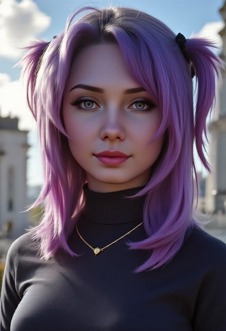 3dmm style,(masterpiece, top quality, best quality, official art, beautiful and aesthetic:1.2), (fractal art:1.3), 1girl, beautiful, high detailed, purple hair with a hint of pink, pink eyes, dark lighting, serious face, looking the sky, sky, medium shot, black sweater, jewelry