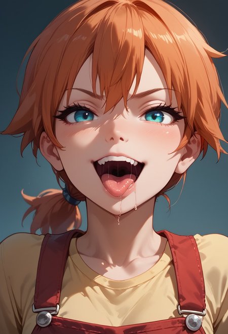 score_9,score_8_up,score_7_up, ultra quality, anatomically correct, (detailed fur texture), masterpiece, smooth outlines, 1girl, misty from pokemon, digital_media_(artwork), hi_res, score_9, score_8_up, score_7_up, score_6_up, score_5_up, score_4_up, 1girl, yellow shirt, red overalls, feminine,  solo,  sexy,  pov,  seductive, smile, smirk, grin, mouth shot, mawshot, open mouth, vore, imminent vore, oral invitation, saliva, tongue, throat, (face focus:1.5), dutch angle, closeup