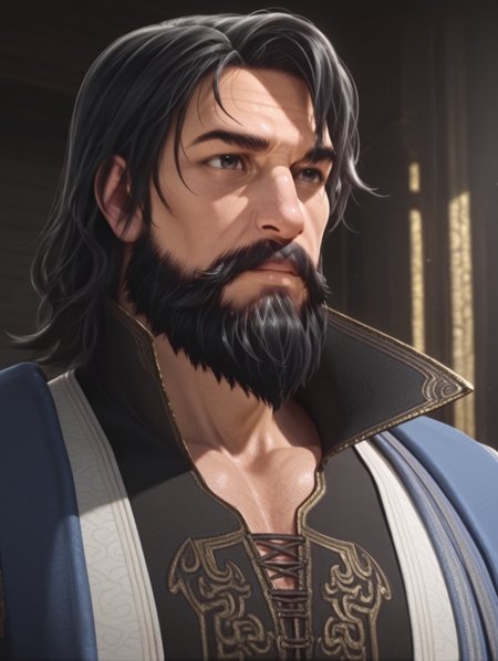 xuanzi, 1boy, facial hair, male focus, mustache, black hair, beard, masterpiece, best quality, amazing quality