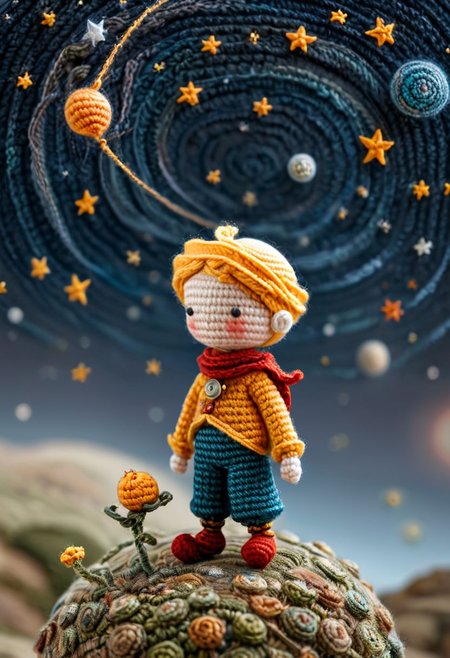 the little prince standing on small planet in starry sky, by saint exupery, crocheted style