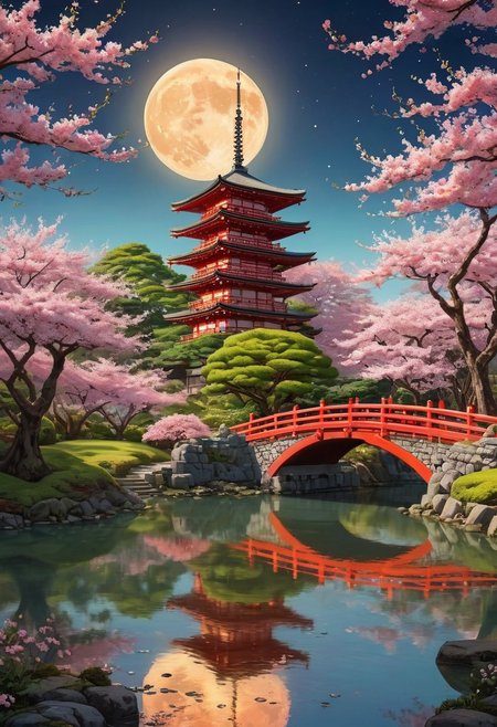 An intricately detailed scene of a traditional Japanese pagoda illuminated by warm red and golden light, surrounded by cherry blossoms and lush green trees. The night sky is dominated by a glowing full moon, casting a soft mystical light. A red arched bridge crosses a still pond, reflecting the structure and the moonlight. The atmosphere is serene, blending realism with a fantasy-like dreamscape. (anime, cyberpunk, Moebius (Jean Giraud) Style page)