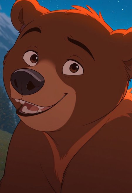 masterpiece, best quality, amazing quality, koda, solo, 1boy, bear, dark brown fur, orange neck fur, orange muzzle, bara, close-up, smile