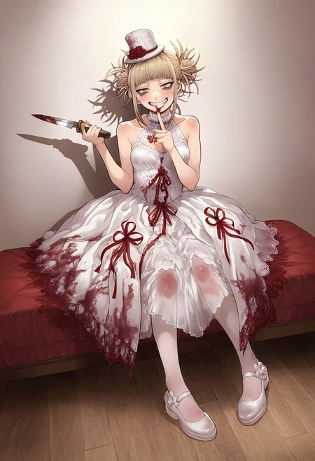 masterpiece, absurdres, 1girl, solo, looking at viewer, 
rg dress, white dress, blood on clothes, blood, pantyhose, hat, white footwear, bare shoulders, sleeveless,

Toga_Himiko, sitting, holding knife, (licking knife), grin, smile, (tilted head),