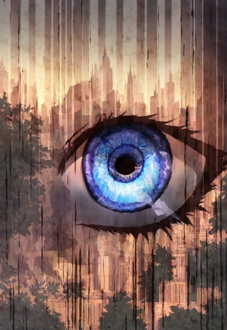 (masterpiece), best quality, eye focus, eye reflection, extreme closeup, (anime, drawn), 1girl, neutral expression, calm, tired, shaded face, glowing eye, face focus, portrait of a girl, body, leaning back, sad, eye focus, best anatomy, dark, tree, outdoors, facing viewer, shade, (double exposure:1.2), reflection in eye:1.3, object in eye, image in eye:1.2, image, reflected in eye, reflection, extremely large eye, portrayal, reflection:1.4, (city in eye, reflection, scenery, utopia, garden, inside eye), EyesHD, sitting, perfect anatomy, cowboy shot,