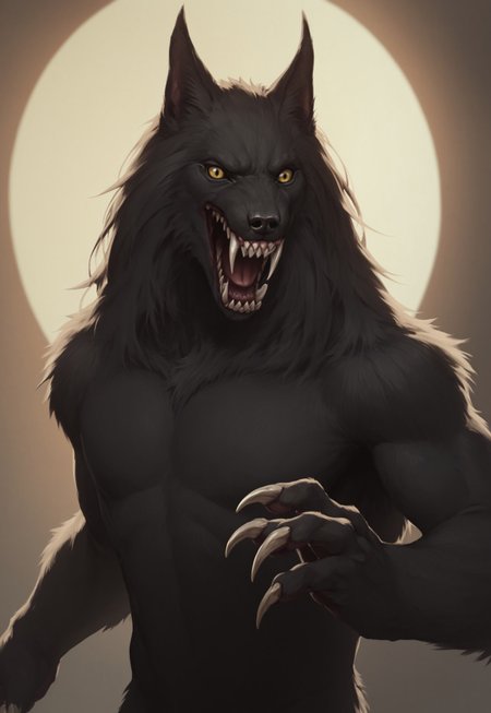 score 9, score 8, score 7, score 6, 1boy, furry male, solo, black fur, animal ears, yellow eyes, sharp teeth, claws,