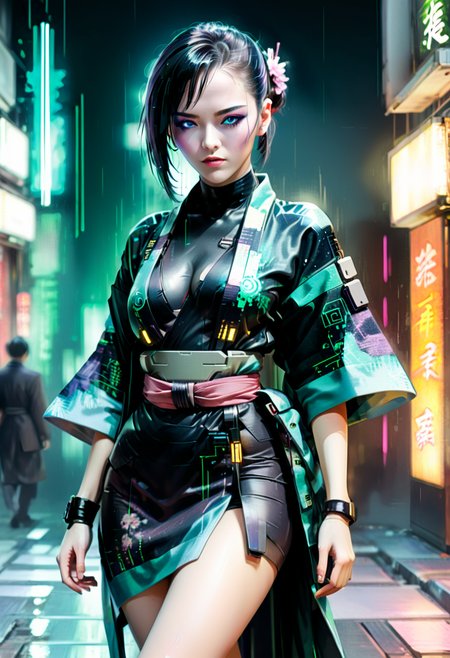 cyberpunk woman wearing a kimono, , dynamic pose, cyberpunk, impressionism,  perfect eyes, high details cyber<lora:CyberMatriKs:0.8> <lora:SDXLHighDetail_v5:0.8> <lora:xl_more_art-full_v1:0.8>