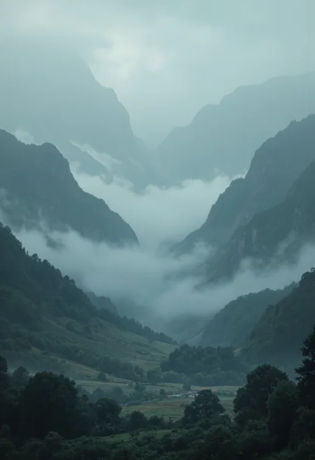 environment design artwork of an endless valley environment with ominous fog creeping in, whispering winds, whimsical atmosphere. With artificial front-lighting,, best quality