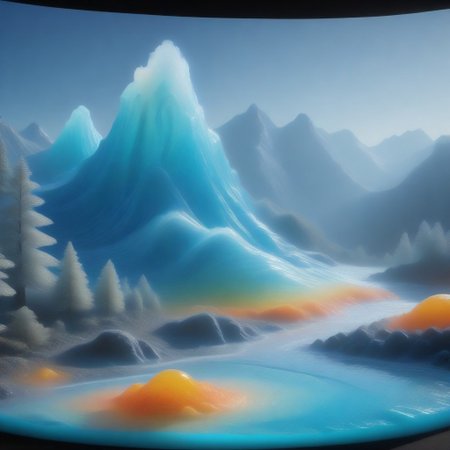 bob ross mountain scene, Sl1m3d, slime-morph, sunny day, vibrant, 8k,
