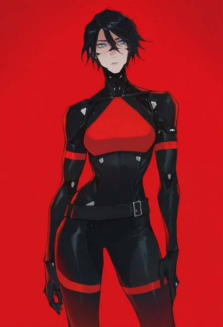 1girl, solo, red background, red theme, contrapposto, 
android, robot joints, short hair, black hair, blue eyes, two-tone bodysuit, black bodysuit, red bodysuit, black gloves, belt, 
masterpiece, best quality <lora:AmiThompson-adafactor-guy90:1>, nosima, <lora:signalis_elster_illustriousXL:1>, elst3r