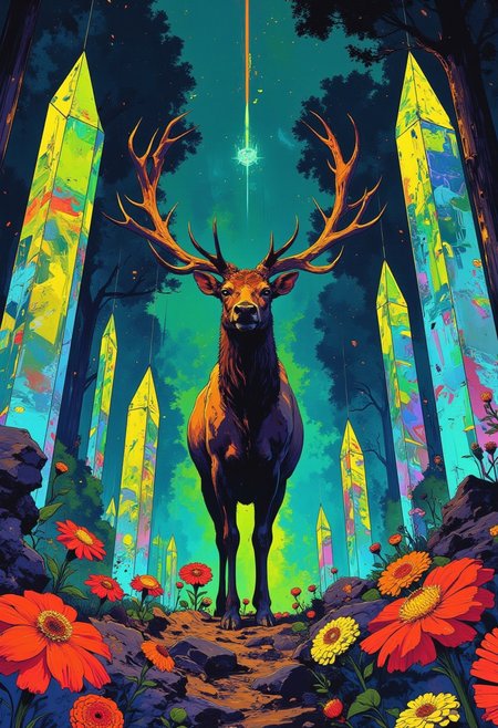 A DB4RZ-style painting in the style of CKSC, featuring a hyper-realistic Irish elk with its colossal, intricately branched antlers extending outward in dramatic, symmetrical formations. The elk stands boldly at the center, its strong, dark brown fur adorned with luminous gradients into lighter beige tones along its belly and legs. The immense antlers, sweeping outward with fluid, geometric branches, dominate the composition, their surface rich with bone-like textures and subtle natural imperfections. The vibrant background presents a dreamlike forest where towering crystalline trees pulse with glowing hues of emerald, cyan, and electric blue, creating an ethereal, otherworldly glow. The ground is a stunning explosion of color—vibrant, geometric flowers in radiant reds, oranges, and yellows interspersed with fractal-like patterns, all glowing in luminous, neon tones. Angular abstract shapes subtly weave through the scene, adding dynamic, optical illusion-like effects that blend the organic and surreal in harmony. The result is a bold, futuristic masterpiece, merging natural majesty with an electrifying, luminous atmosphere, creating a visually striking, immersive experience.