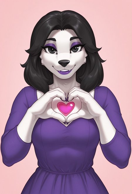klempner, 1girl, solo, medium build, medium hair, sfw, safe for work, covered skin, flowy dress,  black eyes, purple lipgloss, smiling, portrait, upper body, heart hands, foreshortening, detailed, newest, furry female, furry, anthro