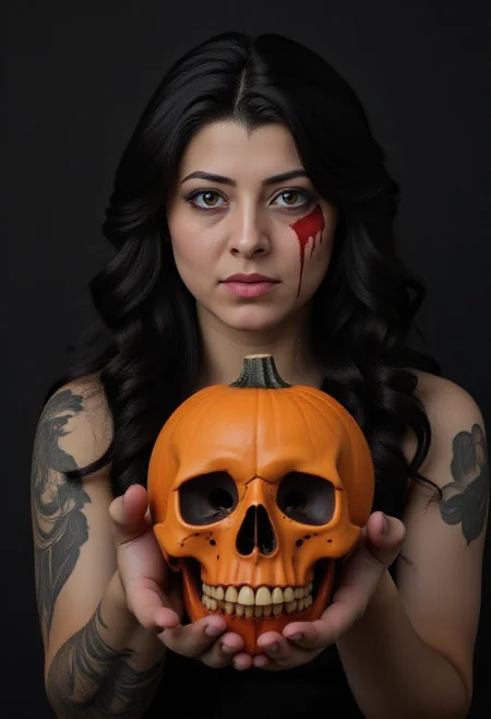 young woman as witch with wavy black hair, she is holding a bloody skull in one hand and pumpkin in another offering it to camera, for the day of the dead, shadowy spooky eerie painting, horror themed, matrix style <lora:flux_realism_lora> <lora:noshine_v2> <lora:perfection style v3b>