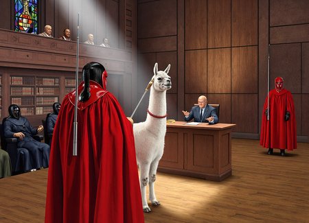 {"T5": ",A highly detailed, hyperrealistic photograph taken from a slightly elevated, 45-degree angle, looking down on the scene, set in a large, dimly lit, wooden-paneled courtroom with a high, vaulted ceiling, where a Royal Imperial Guard stands at attention in the background, wearing intricately designed, red garb and a gold-trimmed helmet, while in the foreground, a courtroom emotional support llama handler, dressed in modest business casual attire, leads a calm, fluffy llama to the witness stand, the handler's face showing a gentle, reassuring smile, as the judge, seated at a raised bench, looks on with a raised eyebrow, conveying surprise, the handler's eyes locked onto the judge, exuding confidence, the llama's fur and the handler's hair are meticulously detailed, with individual strands and fibers visible, the wooden witness stand and the judge's bench are adorned with intricate carvings, the courtroom's walls lined with old, leather-bound books, the scene is illuminated by soft, warm, natural light, pouring in through a large, stained-glass window in the background, casting a kaleidoscope of colors across the floor,", "CLIP-L": ",Royal Imperial Guard, red garb, helmet, courtroom, emotional support llama, llama handler, business casual, witness stand, judge, raised eyebrow, surprised, calm, hyperrealistic, highly detailed, wooden paneling, vaulted ceiling, stained glass window, natural light, leather-bound books, intricate carvings,"}
<lora:Imperial_Royal_Guard_Star_Wars:1.0>