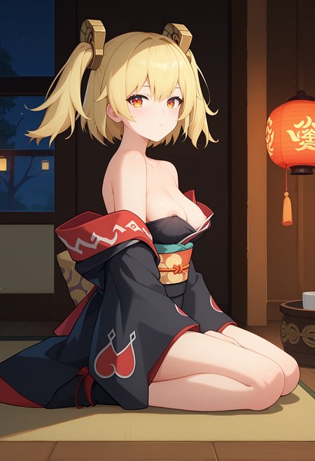 score_9, score_8_up, score_7_up, anime screencap, source_anime, 1girl, solo,
<lora:Burnice_ZZZ_V2:.85>, KJOburnice, blonde hair, orange eyes, twintails, two side up,
black kimono, obi, off shoulder, nipple slip,
From side, wariza, kneeling, hand between legs, looking at viewer,
Night, east asian architecture, wooden floor, indoors,
(Beautiful, medium Breasts:1.2),