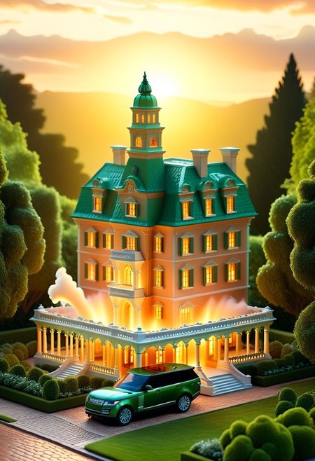 ispzxll, diorama, isometric, miniature, volumetric lighting style, intricate details, wide angle, ultra-detailed, army-green range rover suv, light tan interior, in front of all-white rococo-style mansion, bright copper roof, chimney with smoke, emaculate gardens, massive fountain in front of home, wet pavement, reflective surfaces, bright headlights, glossy, golden hour, long shadows, fluffy clouds, sun rays shining through clouds, 8k