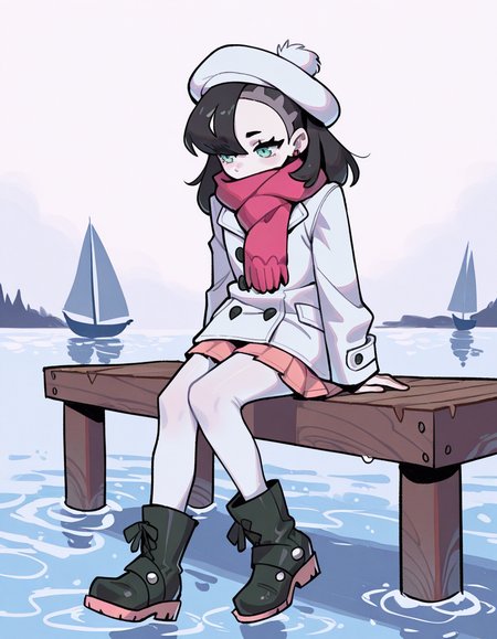 1girl, solo, <lora:knuxze:1> knuxze,
marnie_(pokemon), black hair, pale skin, slim,, winter outfit, long coat, pleated skirt, white pantyhose, boots, scarf, beret, sitting on a wooden dock, watching sailboats glide across the water
, extremely detailed, highres, masterpiece, best quality