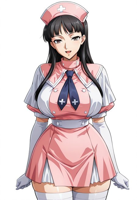 score_9,score_8_up,score_7_up,source_anime,5_figner,2d_animation,game cg,BREKE,1girl,solo,
p4amagi, Amagi Yukiko, long hair, black hair, bangs, 
nurse,pink dress,zettai ryouiki,white thighhighs,
elbow gloves,frills,puffy sleeves,blue necktie,nurse cap,
white capelet,pink capelet,
smile,cowboyshot,openmouth,
huge breasts,thick hips,thick thighs,thick waist,disproportionate breasts,
curves,glamour,
simple background,white background,
masterpiece,best qualit,ultra-detailed,illustration,an extremely delicate and beautiful,beautiful detailed eyes,unity 8k wallpaper,high resolution,anime CG,official_art,Erotic_style, uncensored, anime_coloring, anime_screencap,