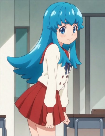 score_9, score_8_up, score_7_up, anime screencap, solo,1girl,shirayukihime,blue hair,  red sailor collar,  red skirt, school uniform, smile,  looking at viewer,kneehighs,serafuku,cowboy shot,small breasts,blush,from behind<lora:shirayukihime:0.8>