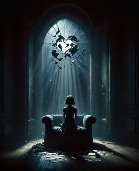 ais-hrtbrkz, low-key, BREAK A solitary girl sits in an extravagant, oversized chair, in front of a grand, opulent window that stretches from floor to ceiling. She is engrossed in reading a letter and appears forlorn, with downcast eyes. Her face is detailed, beautiful, and symmetrical., BREAK A lone, vividly red heart symbol broken into two pieces is floating above her head, symbolizing her sadness., BREAK The room is shrouded in dark, with the only illumination coming from the soft, ethereal glow of the moonlight streaming through the enormous window. This singular light source casts dramatic shadows and creates a stark, high contrast scene, rendering the room almost monochromatic, evoking an air of deep sorrow and solitude., BREAK The image is of the highest quality, a true masterpiece, with intricate, sharp and vivid details.
