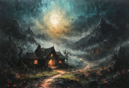 dark background, beautiful bright cloudy sky, gorgeous alien landscape, mountains, trees, earth houses, iridescent back glow, strong inner bright glow, fine details, bright light, ethereal, sparkling, sharp focus