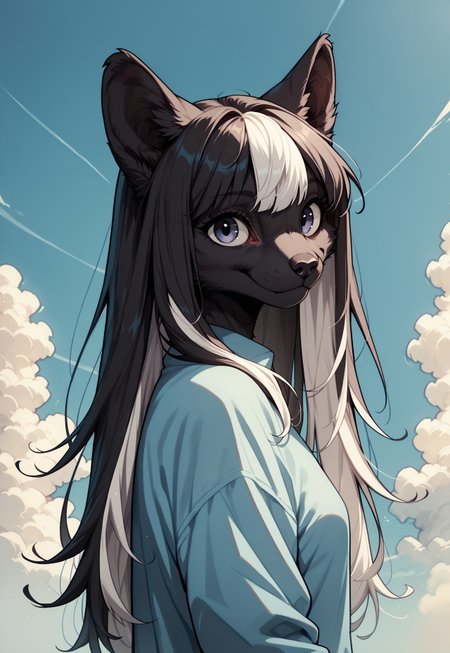 safe_pos, score_9, score_8_up, score_7_up, score_6_up, score_5_up, score_4_up, rating_safe, end_fl4t, 1girl, solo, long hair, white hair, multicolored hair, furry, black hair, furry female, two-tone hair, long sleeve shirt, tail, animal ears, smile, looking at viewer, closed mouth, sky, blue sky, upper body, black fur, bangs, small breasts, day, body fur, blue background, outdoors, animal nose, happy, from side, cloud